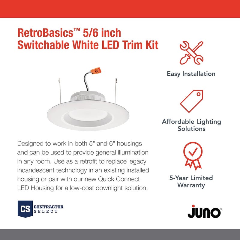 Juno RB56S SWW5 MW M6 RetroBasics Retrofit LED Downlight, Switchable, Matte White, 5 to 6 Inch (Pack of 2) - Image 2